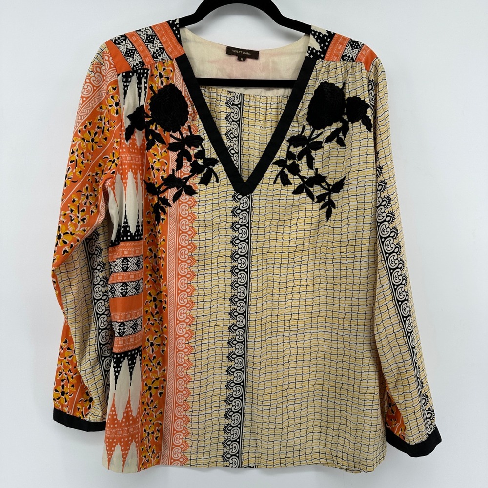 Vineet Bahl Mixed Print Embroidered V-Neck Long Sleeve Blouse Orange Yellow Med